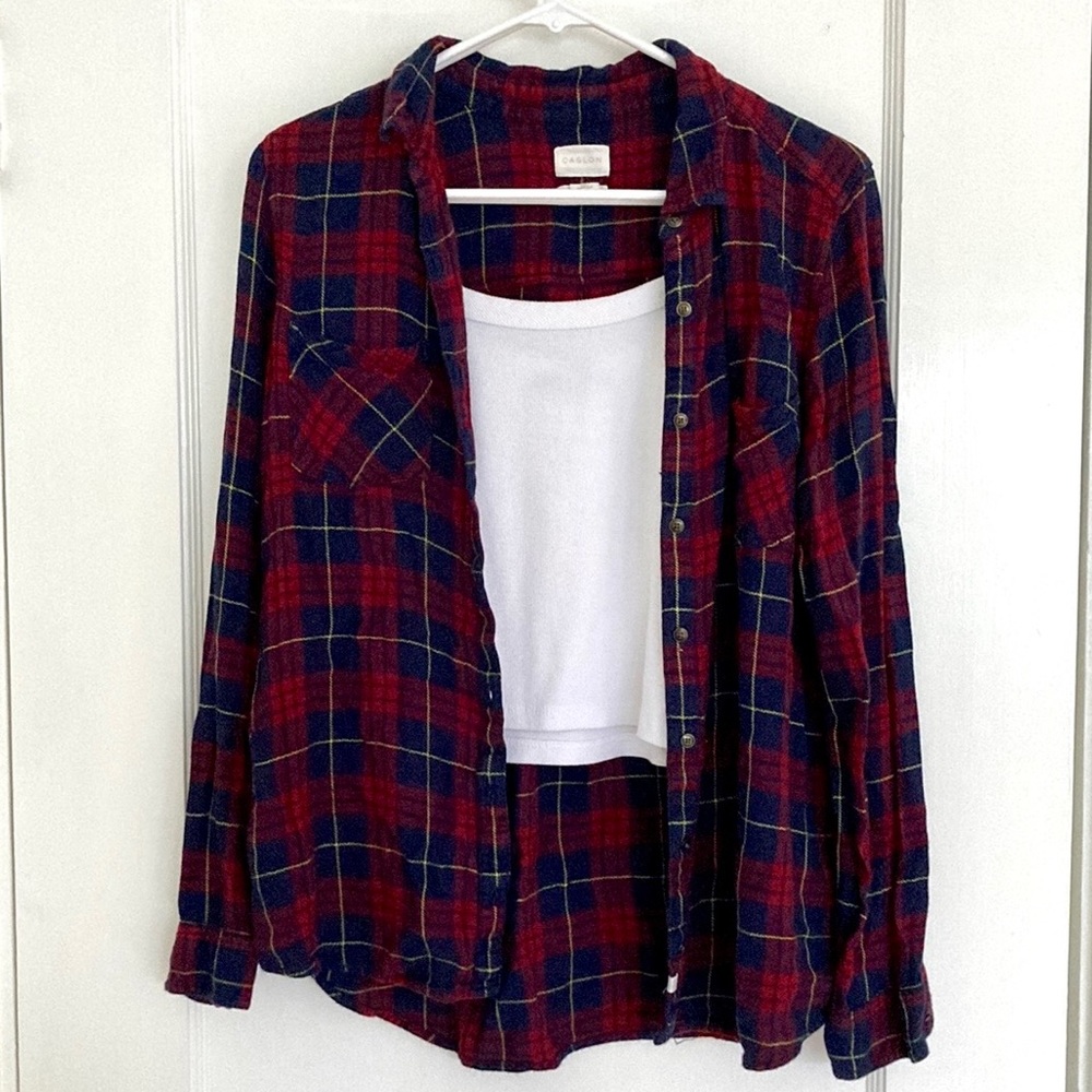 Caslon Button Down Soft Plaid Shirt Blue and Red